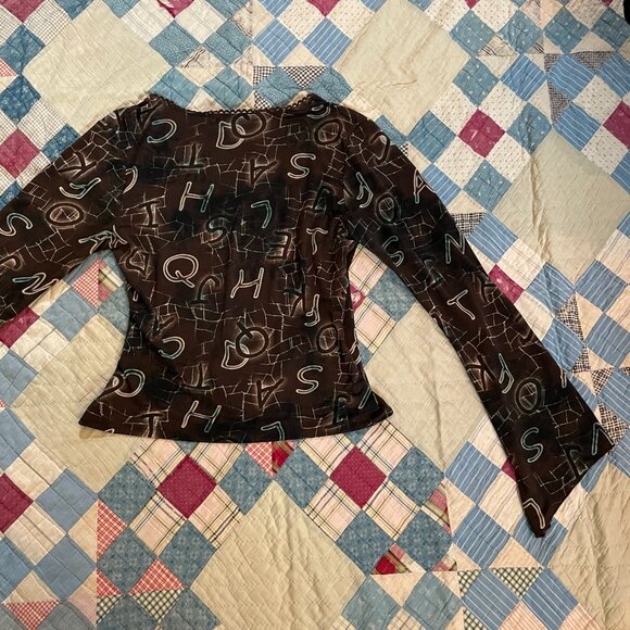 2000s y2k Steps Brand Deep V Wrap Alphabet Print Slinky Knit Bell Sleeve Large - Picture 15 of 16